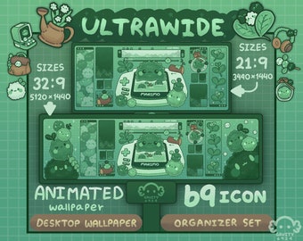 Super Ultrawide Desktop Wallpaper | Marimo minigame Desktop Theme Wallpaper Organizer Set | Animated Folder Icon | Cute Desktop Organizer