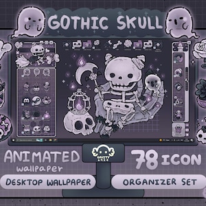 Puede incluir: Un fondo de pantalla de escritorio digital y un conjunto organizador con temática de calavera gótica. El diseño presenta un personaje de esqueleto con una guadaña, fantasmas e iconos variados. La paleta de colores es principalmente en tonos grises y morados, con el texto "GOTHIC SKULL", "ANIMATED wallpaper", "DESKTOP WALLPAPER" y "78 ICON ORGANIZER SET".