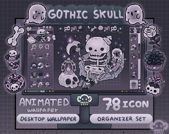 Windows/Mac Gothic Skeleton Witch Desktop Wallpaper Organizer Set – Dark Gothic Animated Icons