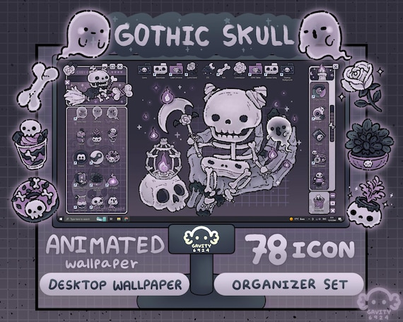 Windows/Mac Gothic Skeleton Witch Desktop Wallpaper Organizer Set – Dark Gothic Animated Icons