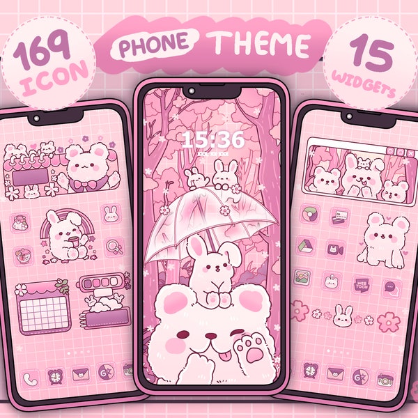 iOS & Android (Eher für Android geeignet) App Icon Set | Pink Sakura Wald | Niedliche Kawaii Wallpapers Widgets | Telefon Thema | Handy Hintergrundbilder