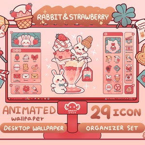 Windows, Mac / Sfondo desktop con tema coniglio e fragola / Sfondo con icone di cartelle animate / Simpatico organizer per desktop