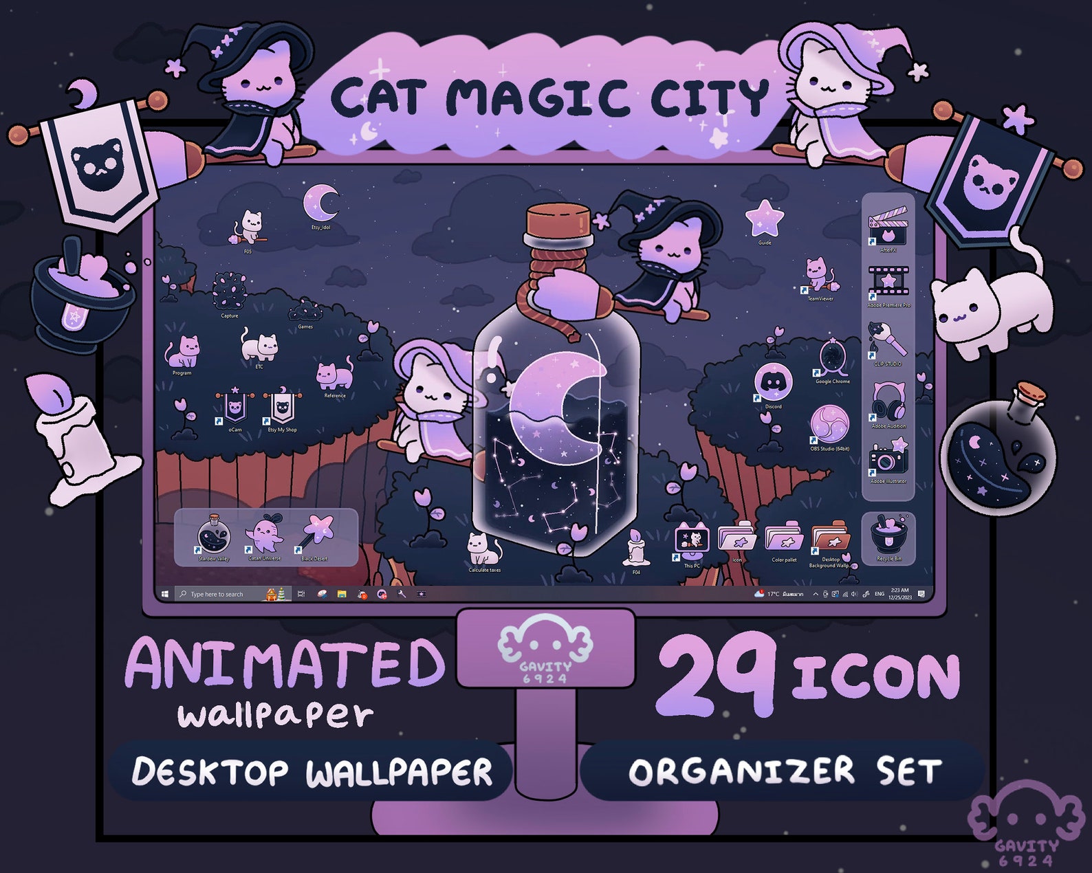 Windows/mac Cat Magic City Computer Desktop Theme Background Wallpaper ...