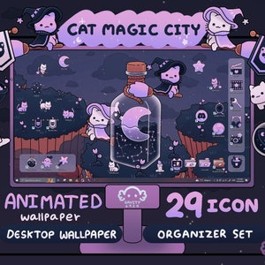 Conjunto de organizador de fondos de escritorio con tema de ciudad mágica de gatos para Windows y Mac / Fondo de pantalla con iconos de carpetas animados / Organizador de escritorio lindo