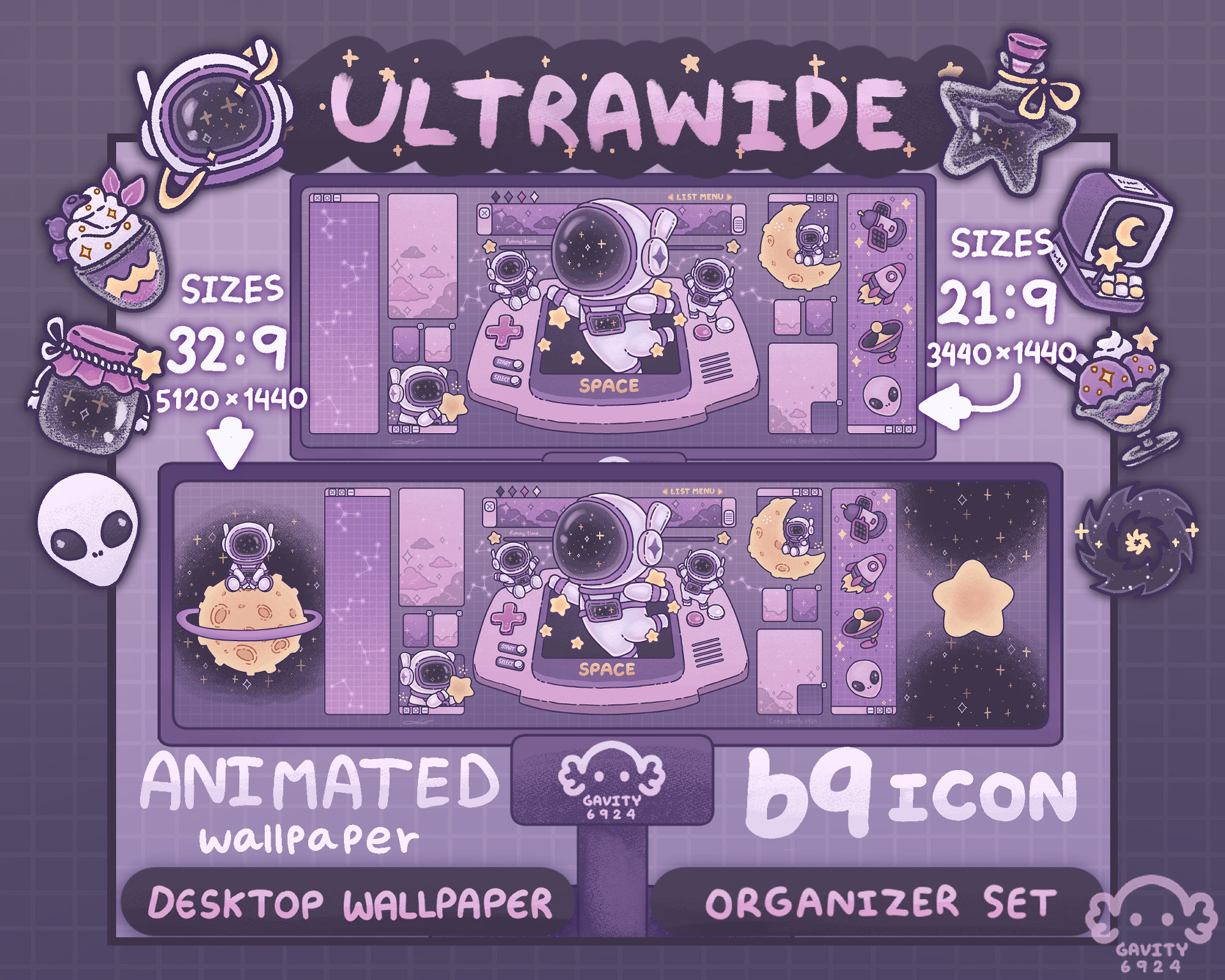 Purple Galaxy Astronaut Ultrawide Desktop Wallpaper Organizer Set