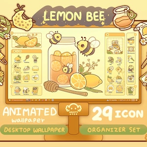 Windows e Mac / Set di sfondi e organizer per il tema del desktop Lemon Bee / Sfondo con icone di cartelle animate / Simpatico organizer per il desktop