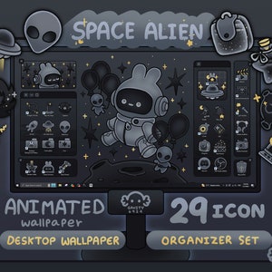 May include: Animated desktop wallpaper featuring a space alien with a black and white color scheme. The wallpaper includes 29 icons with a space theme. The text "SPACE ALIEN" is displayed at the top of the image.