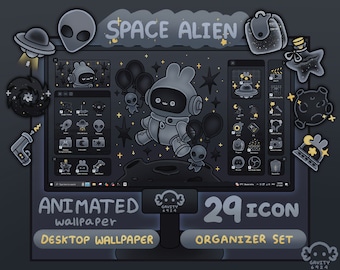 Desktop Theme Background Windows and Mac Space Alien Wallpaper Organizer Set | Animated Folder Icon Wallpaper | Cute Desktop Organizer