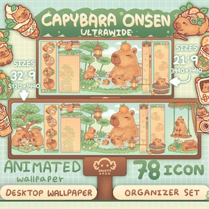 Super Ultrawide Desktop Wallpaper | Capybara Onsen Desktop Theme Wallpaper Organizer Set | Animated Wallpaper | Desktop Organizer