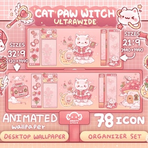 以下が含まれることがあります： 「CAT PAW WITCH ULRAWIDE」のテキストが入った、猫の魔女をテーマにしたピンク色のデスクトップ壁紙セット。アニメーション壁紙、78個のアイコン、オーガナイザーセットが含まれています。サイズは32:9（5120x1440）と21:9（3440x1440）です。