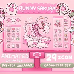 Windows and Mac | Bunny Sakura Desktop Theme Background Wallpaper Organizer Set | Animated Folder Icon Wallpaper | Cute Desktop Organizer