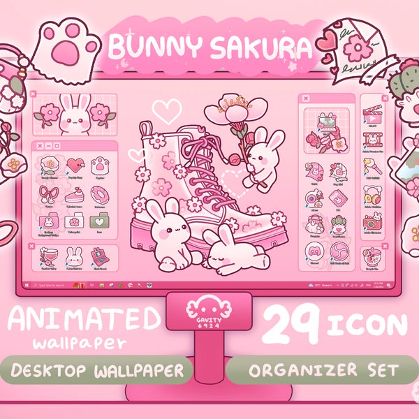 Windows and Mac | Bunny Sakura Desktop Theme Background Wallpaper Organizer Set | Animated Folder Icon Wallpaper | Cute Desktop Organizer