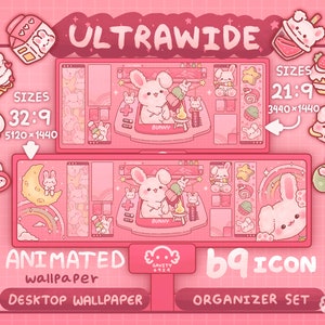 Sfondo desktop super ultrawide / Set di sfondi desktop con tema coniglietto dolce / Icona cartella animata / Simpatico organizer per desktop