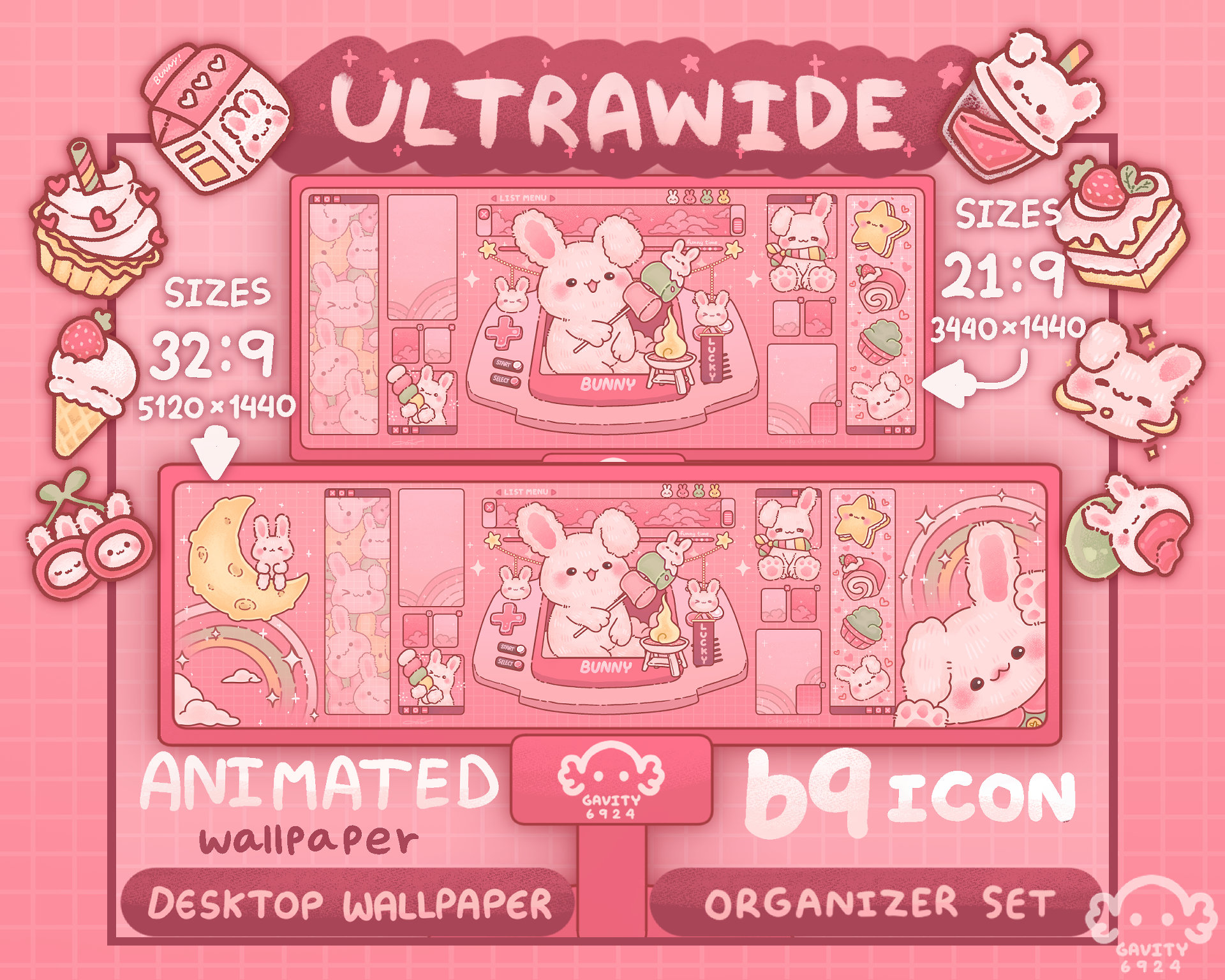 Bunny Sweety Ultrawide Desktop Wallpaper Organizer Set: Animated