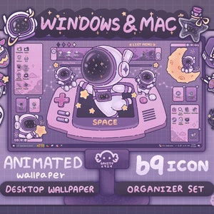 Windows e Mac / Sfondo desktop con tema astronauta galassia viola / Sfondo animato / Simpatico organizer per desktop