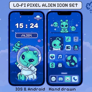 Op de afbeelding: Een blauw en groen pixel art-telefoonscherm met een ruimtethema. Het scherm toont een klok met de tijd 15:24, het woord "ALIEN." en een cartoon-alien dat een ruimtepak draagt. Het scherm toont ook een raster van app-pictogrammen met een ruimtethema.