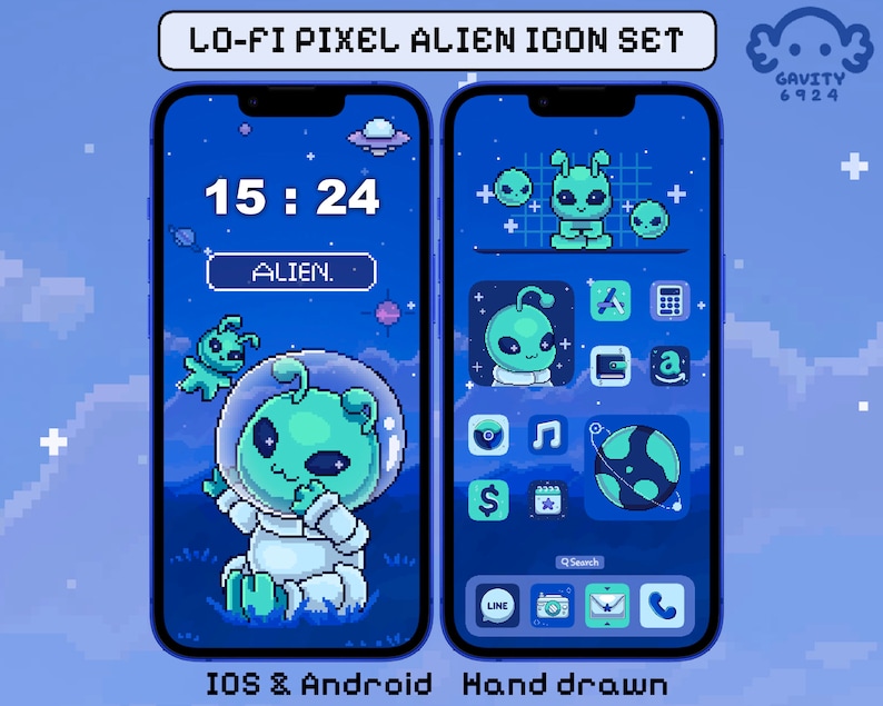 Alien Lo-fi Pixel App Icon Set: Kawaii Phone Theme and Widgets (ios ...