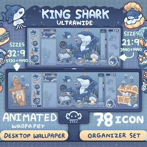 Puede incluir: Ilustración digital de un tiburón de dibujos animados con corona, sosteniendo una copa de vino, con elementos submarinos. Texto: "KING SHARK ULTRAWIDE", "ANIMATED wallpaper" y "78 ICON ORGANIZER SET".
