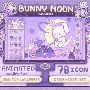 Windows and Mac | Bunny Moon Garden Desktop Theme Background Wallpaper Organizer Set| Animated Folder Icon Wallpaper |Cute Desktop Organizer
