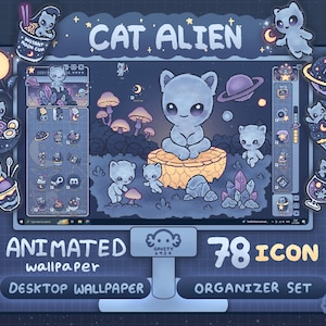 Windows and Mac | Cat Alien Desktop Theme Background Wallpaper Organizer Set| Animated Folder Icon Wallpaper | Cute Desktop Organizer