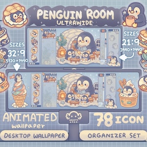 以下が含まれることがあります： ペンギンのテーマのデジタルデスクトップ壁紙とオーガナイザーセット。画像には「Penguin Room Ultrawide」と「Animated Wallpaper Desktop Wallpaper」のテキストと78個のアイコンが含まれています。サイズは32：9（5120x1440）と21：9（3440x1440）です。