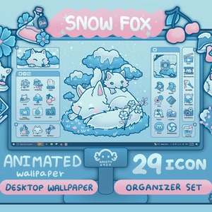 May include: Animated desktop wallpaper featuring a snow fox with a blue and white winter scene. The wallpaper comes with 29 icons in a blue and white color scheme. The text "SNOW FOX" is in a pink banner at the top of the image.