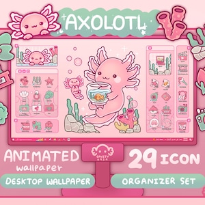 Windows und Mac | Axolotl Desktop Thema Hintergrund Tapete Organizer Set | Animiertes Ordnersymbol Wallpaper | Schöner Schreibtisch Organizer