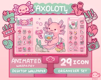 Desktop Theme Background Windows and Mac Axolotl Wallpaper Organizer Set | Animated Folder Icon Wallpaper | Cute Desktop Organizer