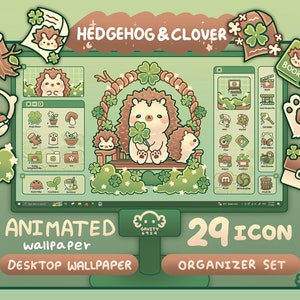 Pode incluir: Papel de parede animado para desktop com um design de ouriço e trevo. O papel de parede inclui 29 ícones em um esquema de cores verde e marrom. O texto "HEDGEHOG & CLOVER" e "29 ICON ORGANIZER SET" é exibido na imagem.