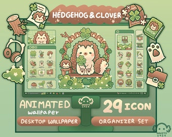 Windows and Mac | Hedgehog Clover Desktop Theme Background Wallpaper Organizer Set | Animated Folder Icon Wallpaper | Cute Desktop Organizer