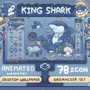 Puede incluir: Un conjunto de fondos de pantalla de escritorio digitales con un rey tiburón de dibujos animados con una corona, rodeado de tiburones más pequeños e iconos temáticos. La imagen incluye el texto "KING SHARK", "ANIMATED wallpaper", "DESKTOP WALLPAPER" y "78 ICON ORGANIZER SET".