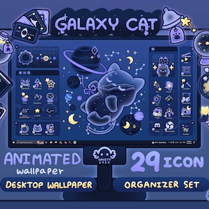 Windows et Mac | Ensemble organisateur de papier peint pour bureau Galaxy Cat | Papier peint icône de dossier animé | Joli organiseur de bureau