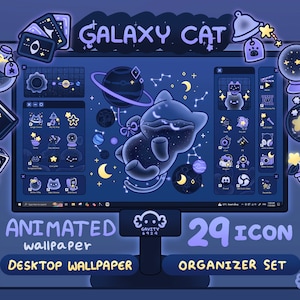 Windows and Mac | Galaxy Cat Desktop Theme Background Wallpaper Organizer Set | Animated Folder Icon Wallpaper | Cute Desktop Organizer