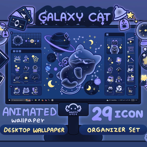 Windows and Mac | Galaxy Cat Desktop Theme Background Wallpaper Organizer Set | Animated Folder Icon Wallpaper | Cute Desktop Organizer