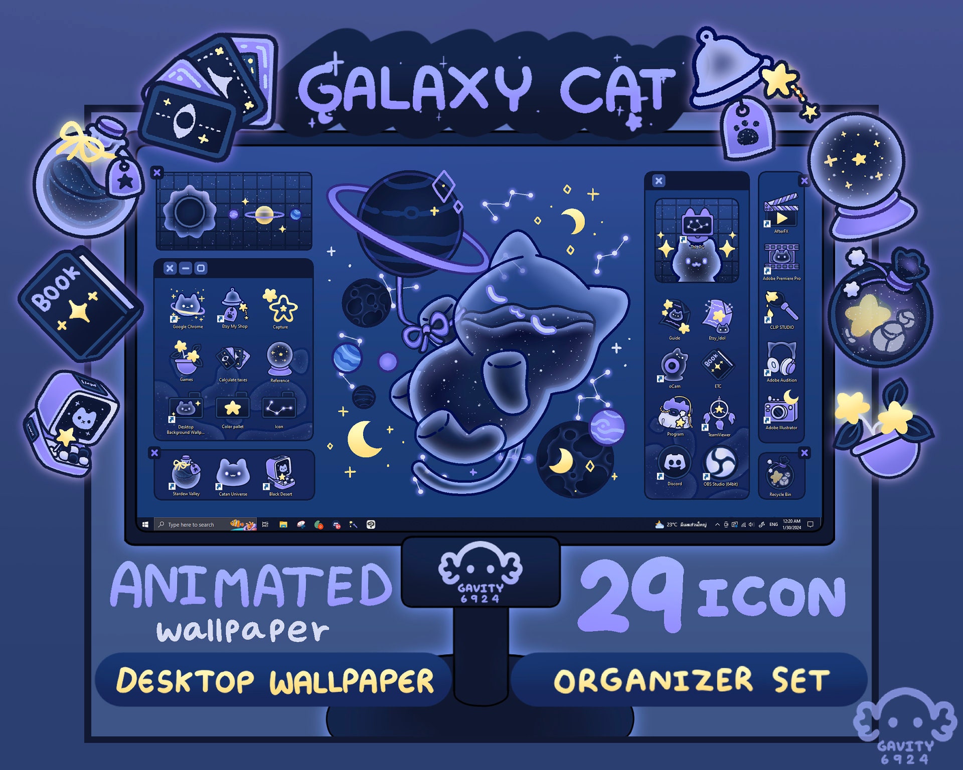 Windows/Mac Galaxy Cat Desktop Wallpaper Organizer Set: Animated Folder Icons