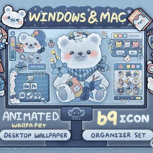 Op de afbeelding: Een digitale bureaubladachtergrond en iconenorganisator met een schattige cartoonbeer. Het ontwerp bevat de tekst "WINDOWS & MAC", "ANIMATED wallpaper" en "ORGANIZER SET". Het kleurenschema is voornamelijk blauw en wit.