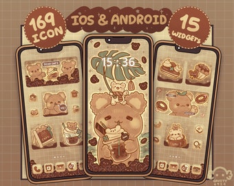May include: A set of 169 icons and 15 widgets for iOS and Android devices. The icons feature a brown bear with a coffee cup and other coffee-themed designs. The widgets include a clock, a calendar, and a weather widget. The background is a light brown color with a pattern of coffee beans.