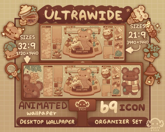 Desktop Cute　×9 Bear Cafe Ultrawide Desktop Wallpaper Organizer Set: Animated