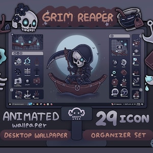 May include: Animated desktop wallpaper featuring a cartoon Grim Reaper in a boat with a scythe. The wallpaper includes 29 icons for organizing your desktop. The text "GRIM REAPER" is at the top of the image. The text "ANIMATED wallpaper" and "DESKTOP WALLPAPER" are at the bottom of the image. The text "29 ICON ORGANIZER SET" is also at the bottom of the image.