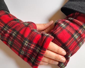 Women's Red Tartan Fleece Fingerless Mitts Gloves Polyester