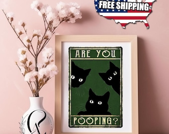 Funny Black Cat Bathroom Tin Sign, Retro Art Print 8x12