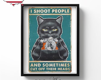 Funny Black Cat Photographer Tin Sign, Whimsical Home Wall Decor