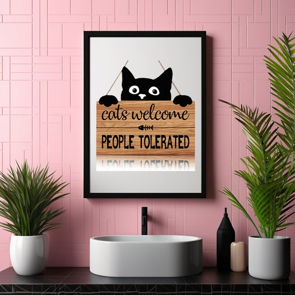 Cats Welcome People Tolerated Wooden Decor Black Cat Wall Decor Catio Accessories / 12"x8"