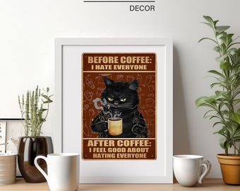Plaque de café en métal drôle de chat noir, art déco rétro (8 x 12)
