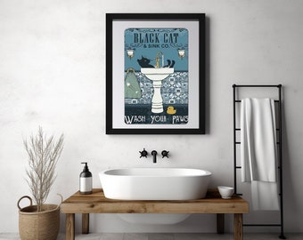 Lustig schwarze Katze Badezimmer Art, Wash Your Paws Retro Blechschild (20,5x30,5 cm)