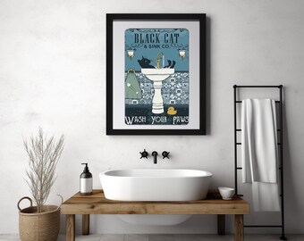 Black Cat Wash Your Paws Retro Metal Sign – Vintage Bathroom Decor – Cat Lover Gift