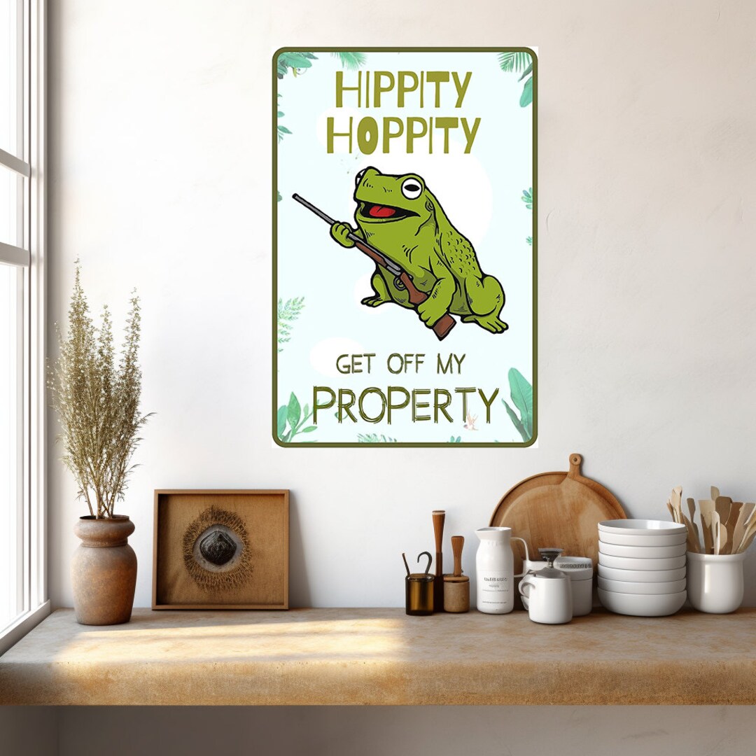 Cartello Metallo Vintage 20x30cm - Rana Con Scritta 'Hippity Hoppity Get Off My Property' - 2