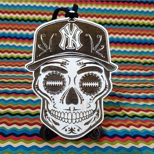 Baseball Sugar Skull Holz Graviertes Ornament, MLB Art, Arte LMB