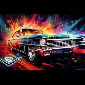 Può includere: Un'auto Cadillac d'epoca con vernice blu, verde e argento. L'auto è circondata da schizzi e striature di vernice colorata. Il logo Cadillac è visibile nell'angolo in basso a sinistra dell'immagine.