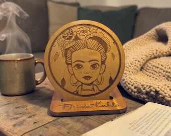 Frida Inspired Wood Engraved Coaster Set of 6 with Holder